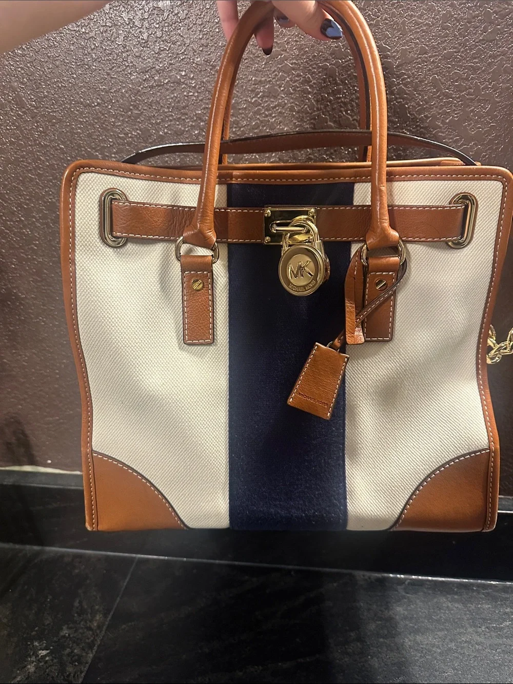Michael Kors Cream Canvas Satchel with Navy Stripe and Brown Leather Trim